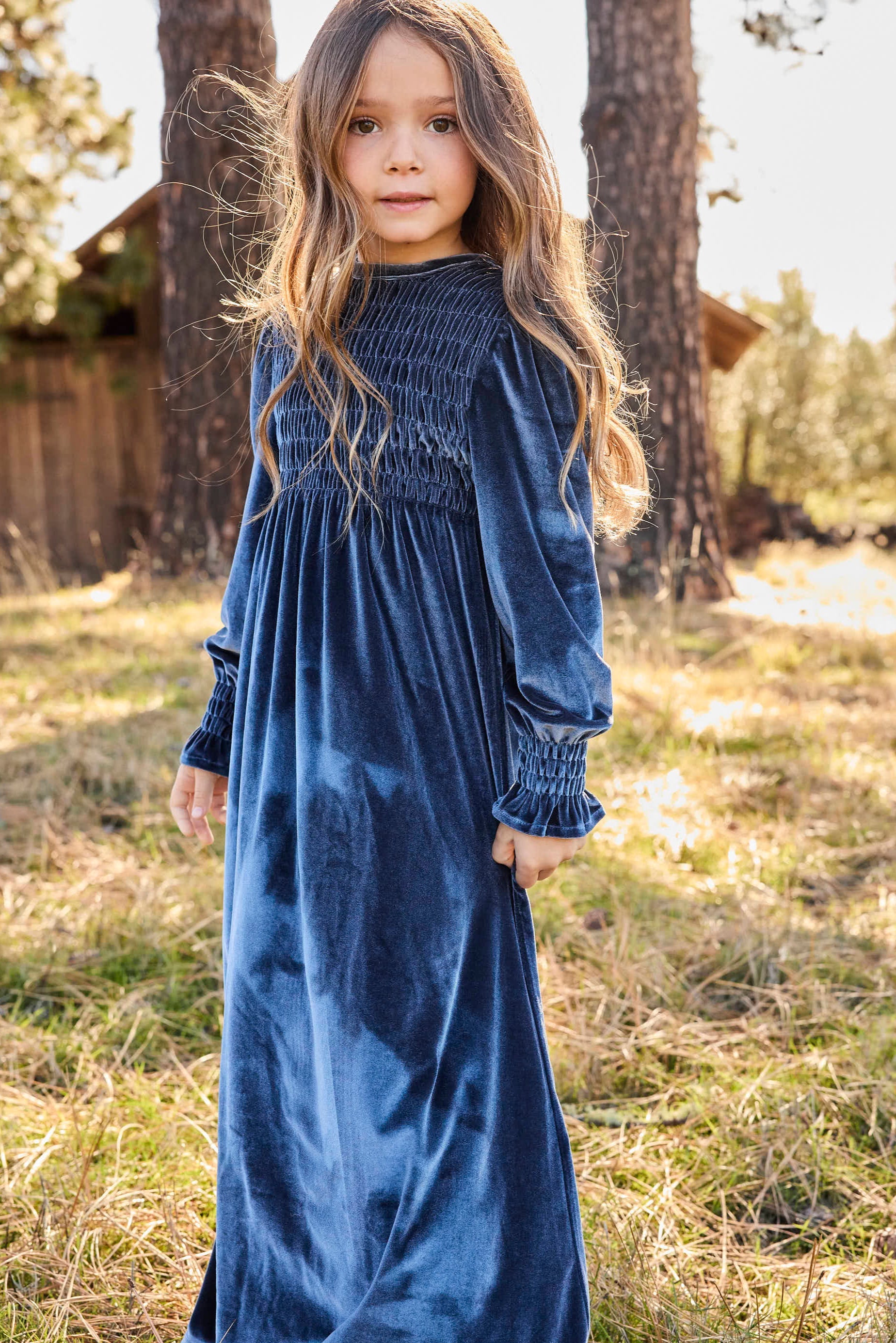 EMMA SMOCKED VELVET MAXI-CORNFLOWER CORNFLOWER / 18YR