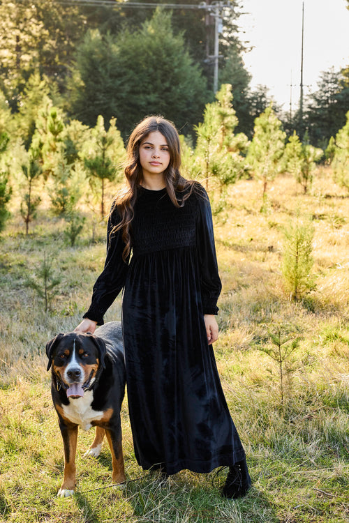 EMMA SMOCKED VELVET MAXI-BLACK