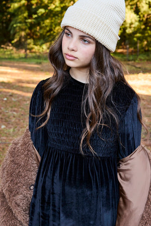 EMMA SMOCKED VELVET MAXI-BLACK