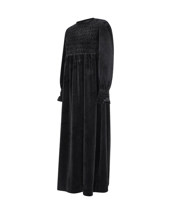 EMMA SMOCKED VELVET MAXI-BLACK