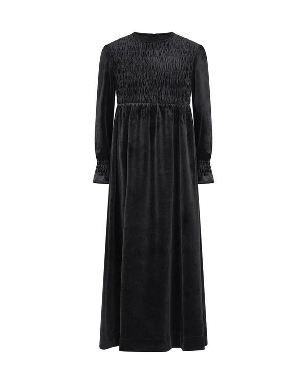 EMMA SMOCKED VELVET MAXI-BLACK