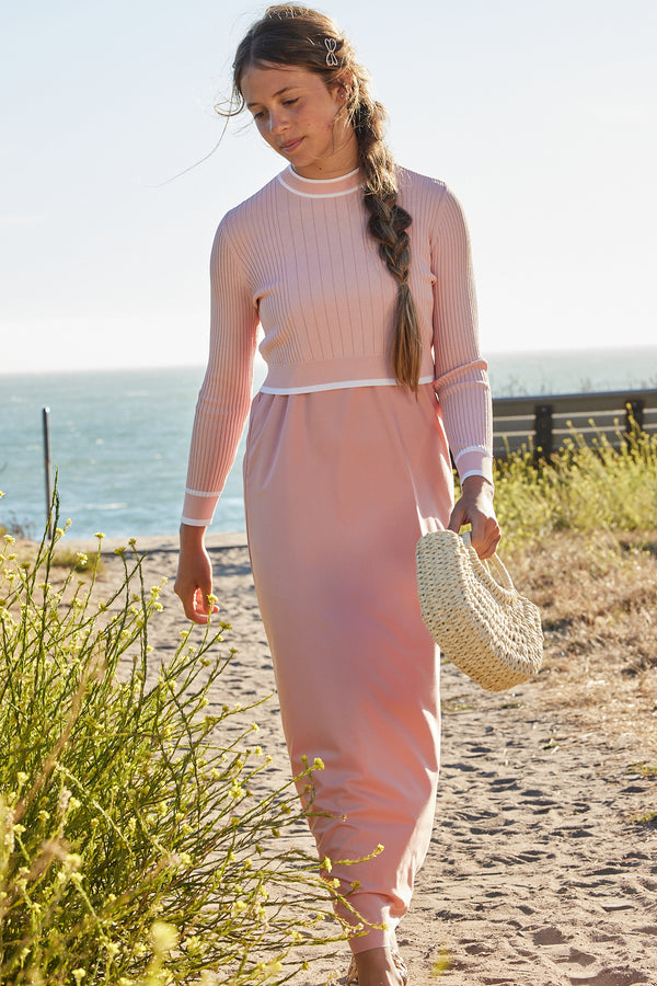 GRACE RIBBED KNIT OVERLAY MAXI-BALLET PINK