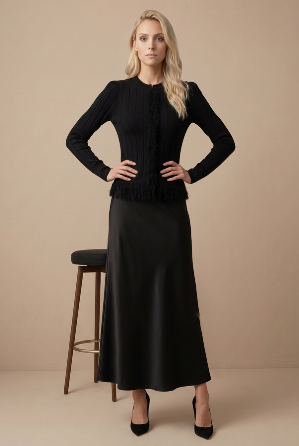 KNIT FRINGE SET-BLACK
