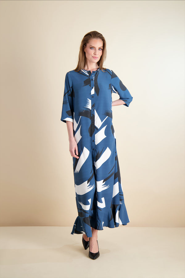 BUTTON FRONT MAXI-ABSTRACT PRINT