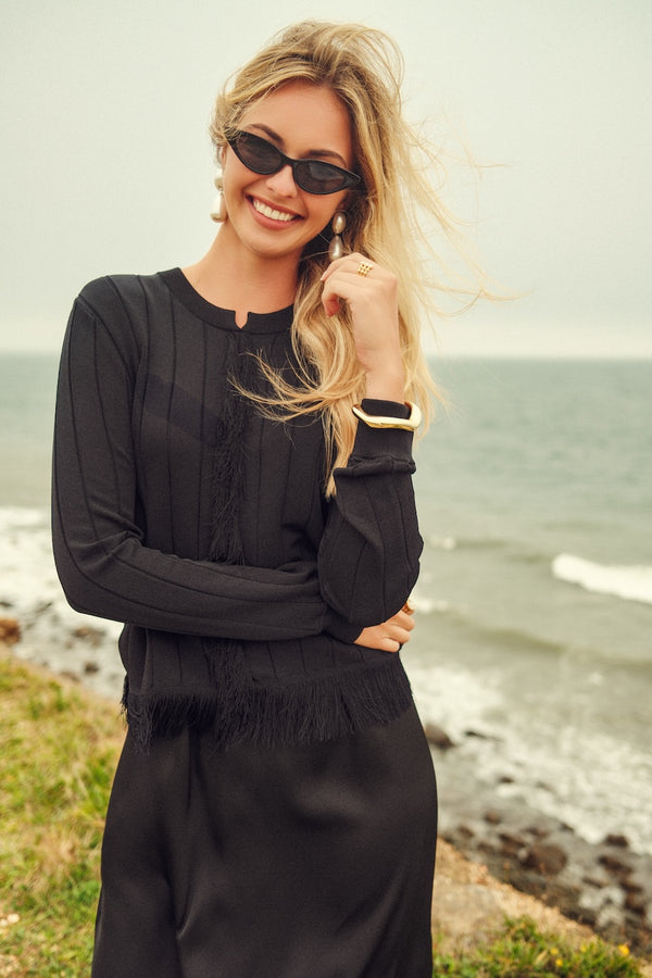 KNIT FRINGE SET-BLACK