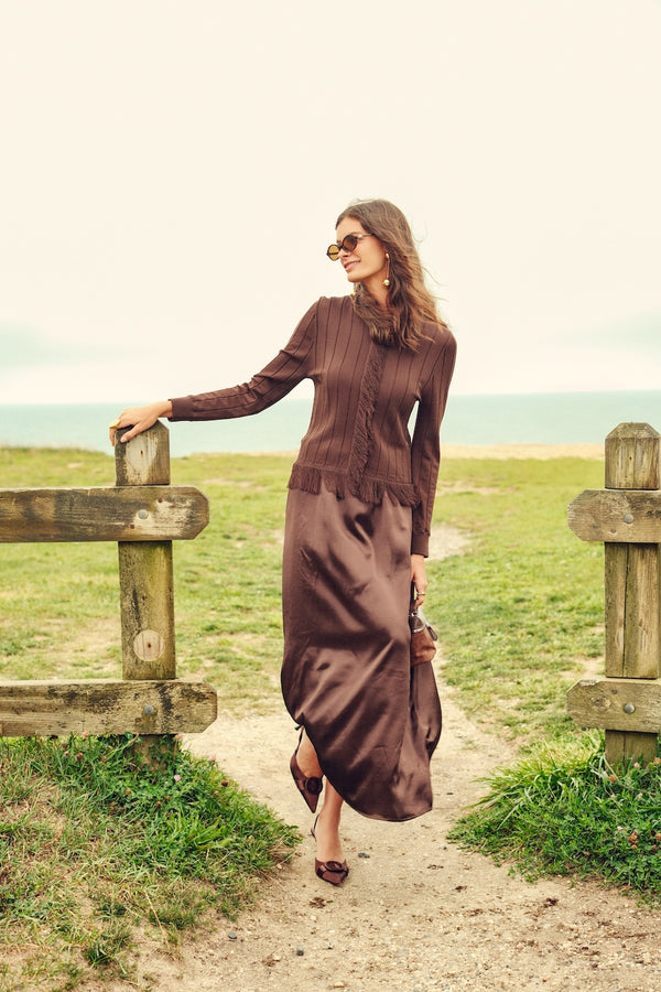 KNIT FRINGE SET-BROWN