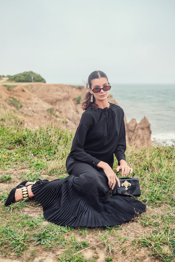 DRAWSTRING FLOUNCE MAXI-BLACK