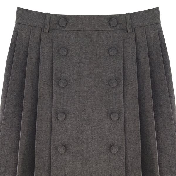 BUTTON FRONT PLEATED SKIRT LONG-GREY