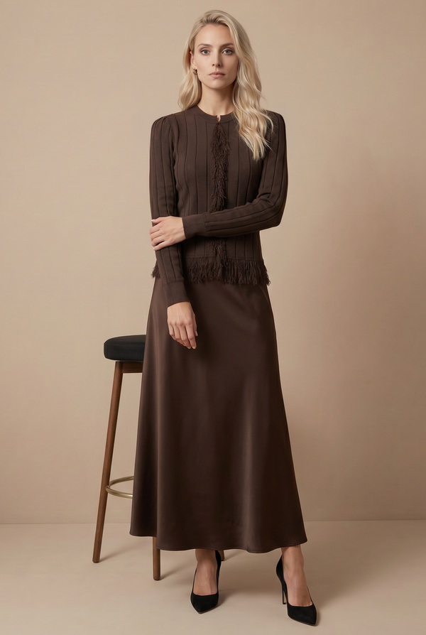 KNIT FRINGE SET-BROWN