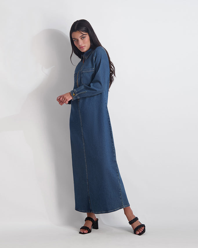 long sleeve zip up denim dress Women's Future Collective with Kahlana Puff Long Sleeve Zip-Front Denim Dress