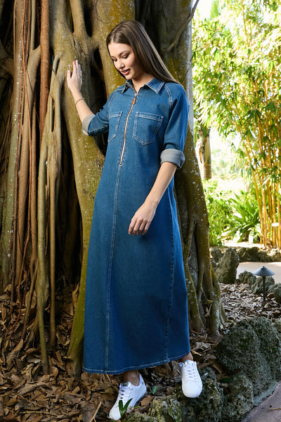 ワンピース denim volume gather sleeve zip dress WILLFULLY（ウィルフリー）の「denim volume gather sleeve zip