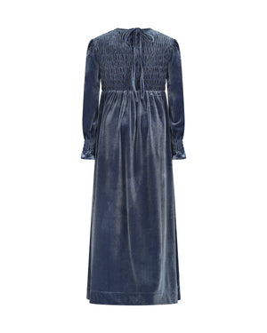 EMMA SMOCKED VELVET MAXI-CORNFLOWER