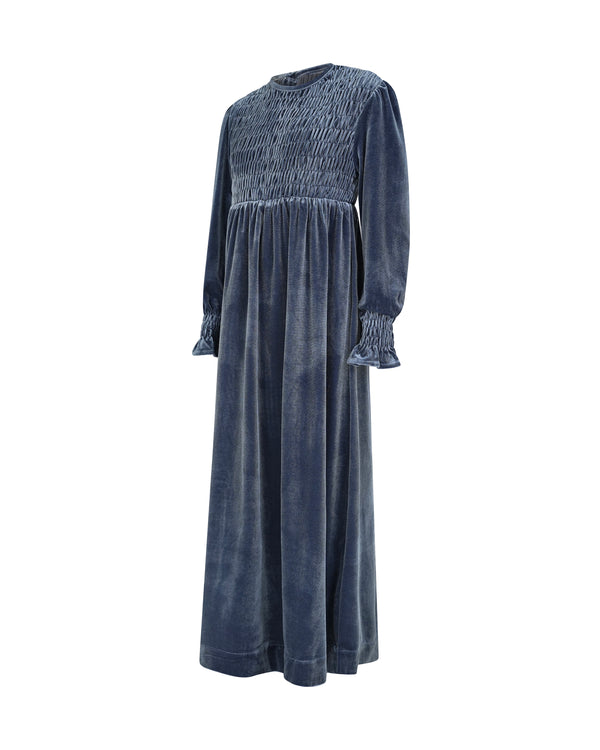 EMMA SMOCKED VELVET MAXI-CORNFLOWER
