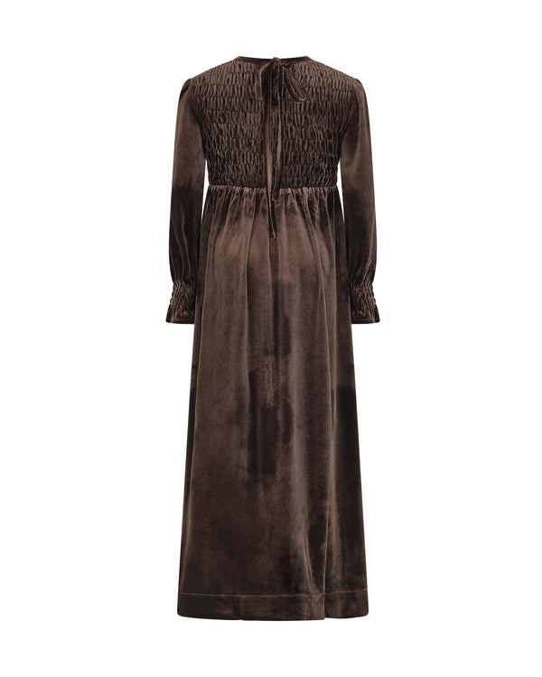 EMMA SMOCKED VELVET MAXI-BROWN