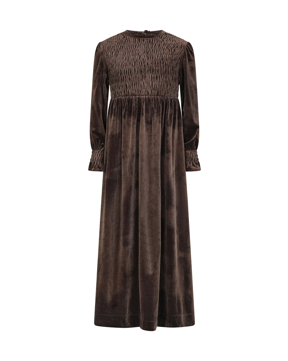 EMMA SMOCKED VELVET MAXI-BROWN