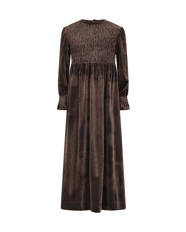 EMMA SMOCKED VELVET MAXI-BROWN
