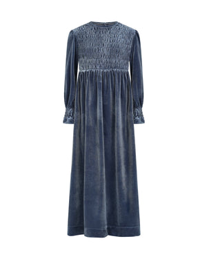 EMMA SMOCKED VELVET MAXI-CORNFLOWER