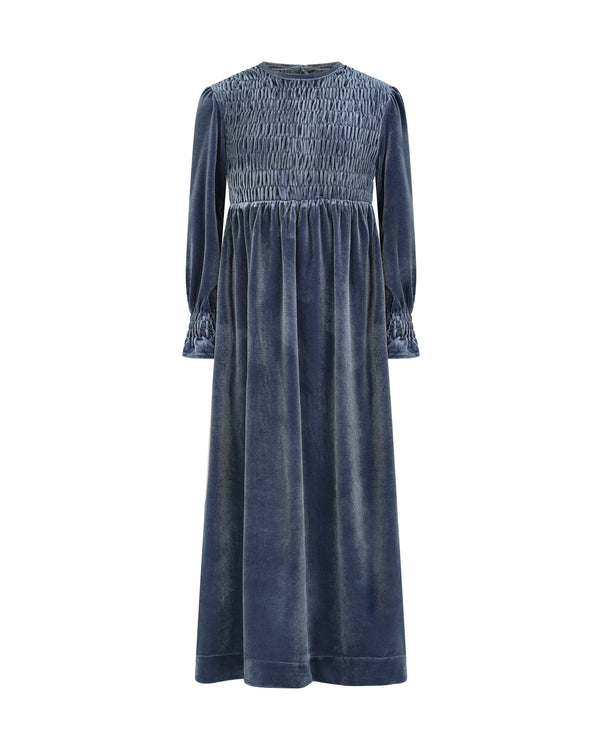 EMMA SMOCKED VELVET MAXI-CORNFLOWER