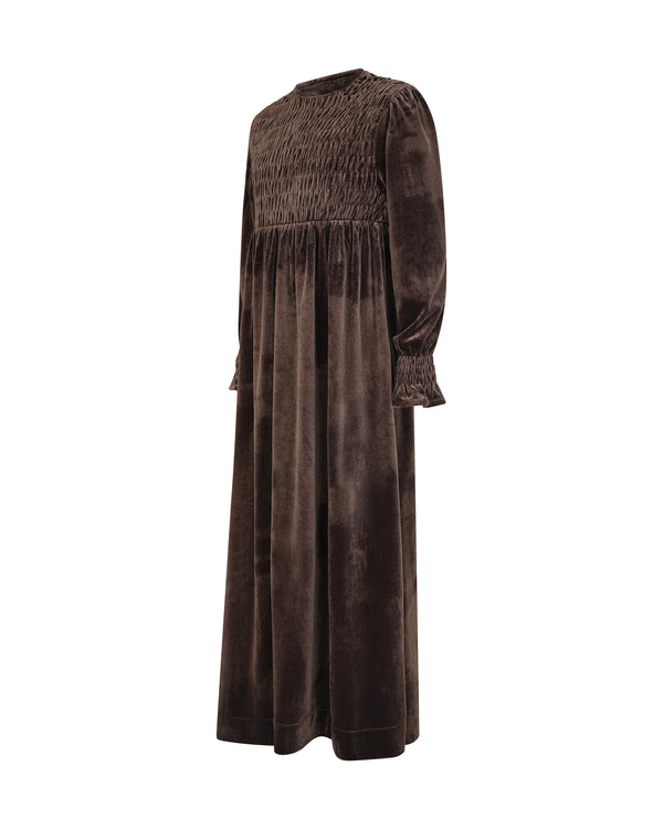 EMMA SMOCKED VELVET MAXI-BROWN