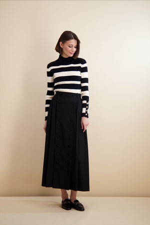 BUTTON FRONT PLEATED SKIRT LONG-BLACK