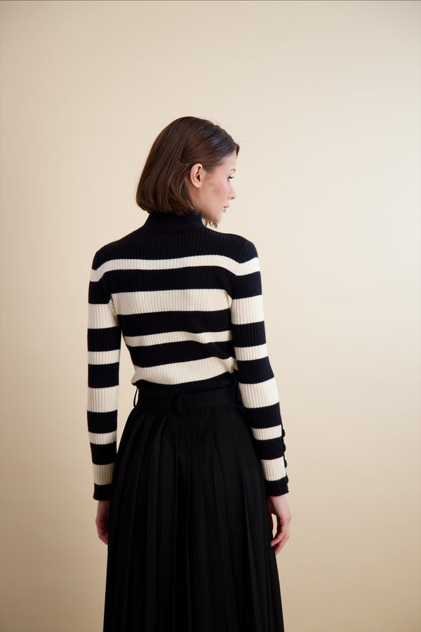MULTI STRIPE RIB KNIT MOCK NECK-BLACK