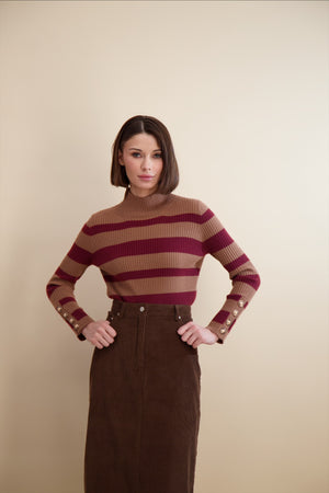 MULTI STRIPE RIB KNIT MOCK NECK-TAN