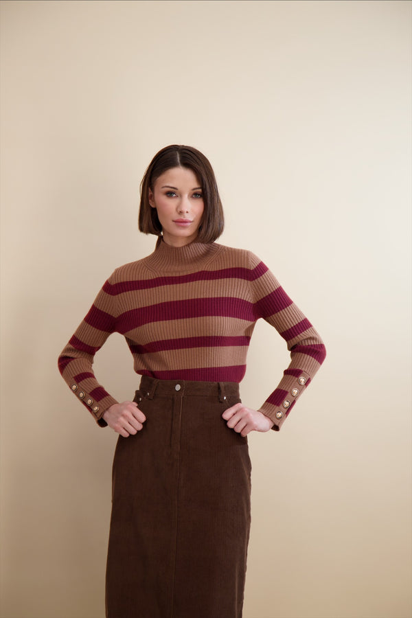 MULTI STRIPE RIB KNIT MOCK NECK-TAN