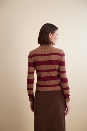MULTI STRIPE RIB KNIT MOCK NECK-TAN