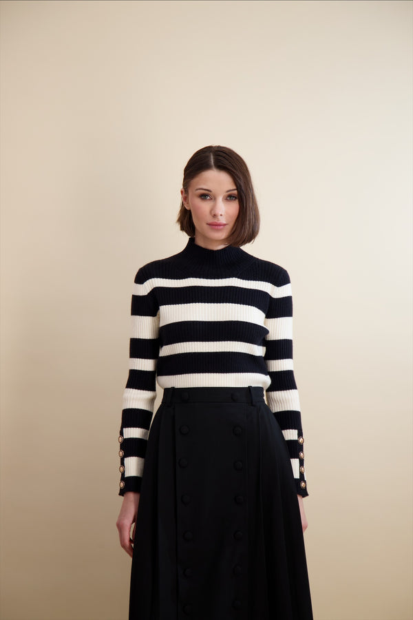 MULTI STRIPE RIB KNIT MOCK NECK-BLACK