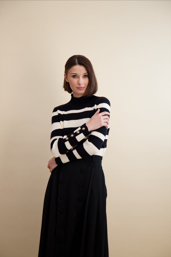 MULTI STRIPE RIB KNIT MOCK NECK-BLACK