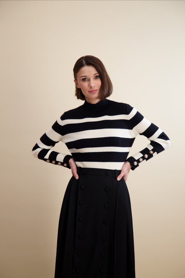 MULTI STRIPE RIB KNIT MOCK NECK-BLACK
