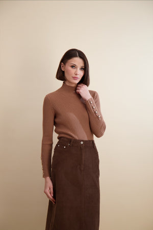 RIB KNIT MOCK NECK-TAN