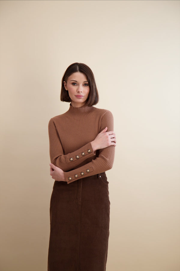 RIB KNIT MOCK NECK-TAN