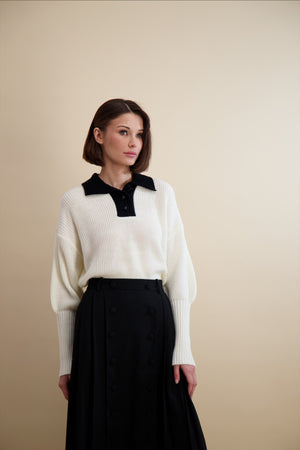KNIT COLLARED HENLEY-IVORY