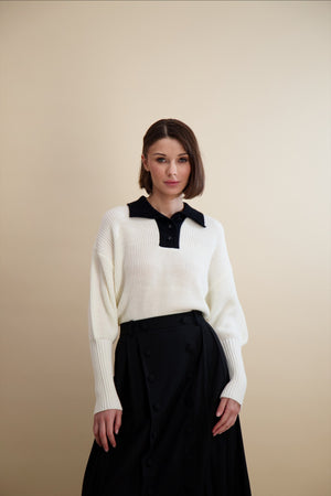 KNIT COLLARED HENLEY-IVORY