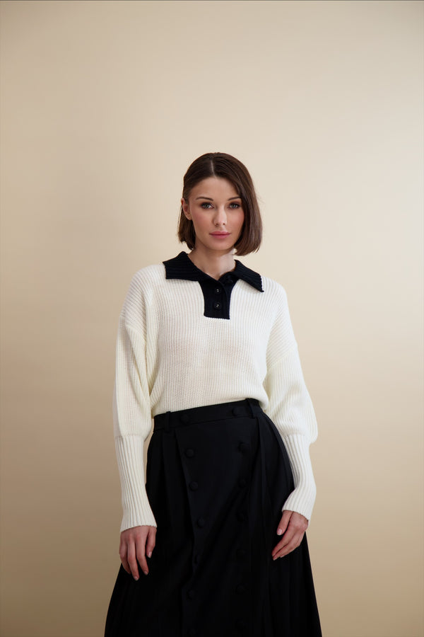 KNIT COLLARED HENLEY-IVORY