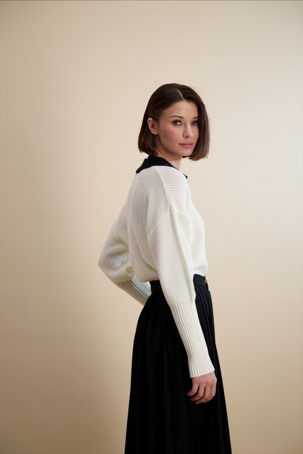KNIT COLLARED HENLEY-IVORY