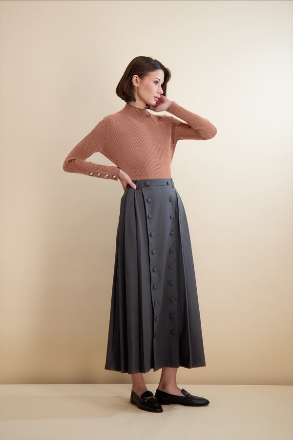 BUTTON FRONT PLEATED SKIRT LONG-GREY