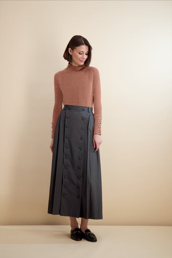 BUTTON FRONT PLEATED SKIRT LONG-GREY