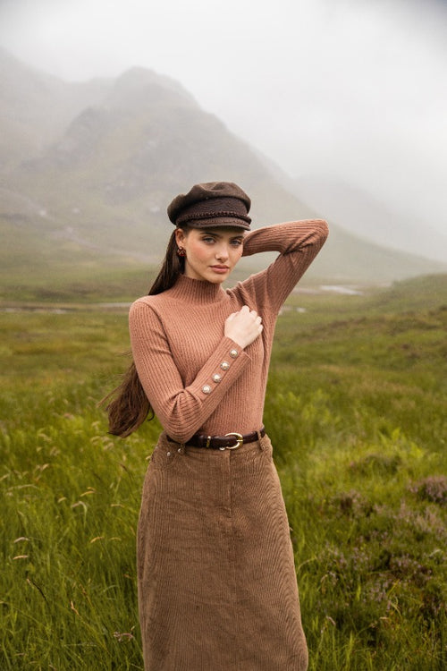RIB KNIT MOCK NECK-TAN