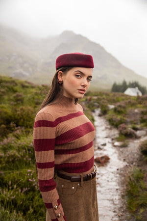 MULTI STRIPE RIB KNIT MOCK NECK-TAN