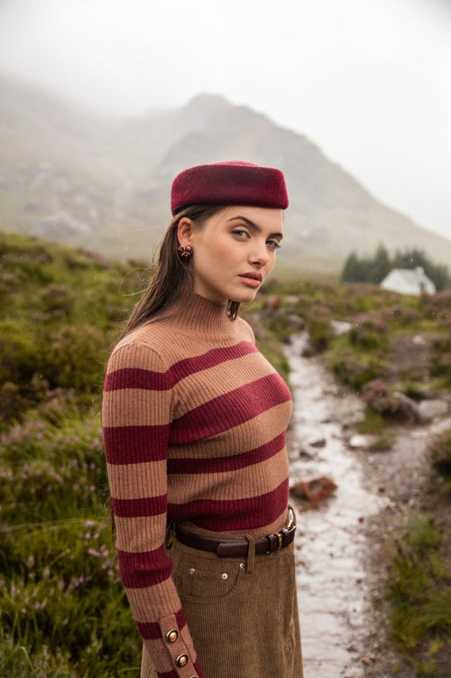 MULTI STRIPE RIB KNIT MOCK NECK-TAN