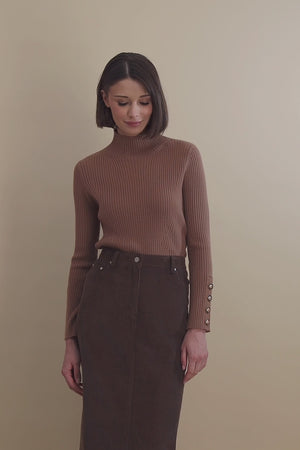 RIB KNIT MOCK NECK-TAN